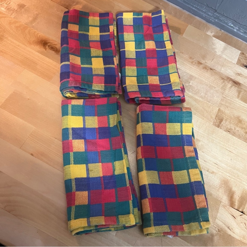 4 Piece Lot of Vintage Pier 1 Rainbow Checkered Pattern Napkins Plaid